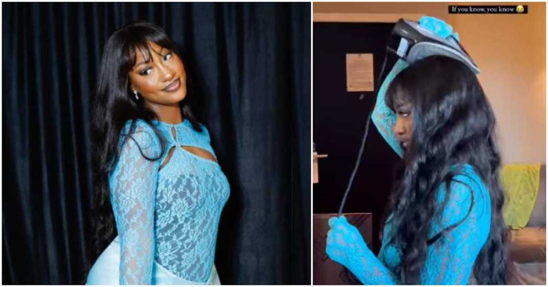 Tems using pressing iron on hair Tems using pressing iron on hair