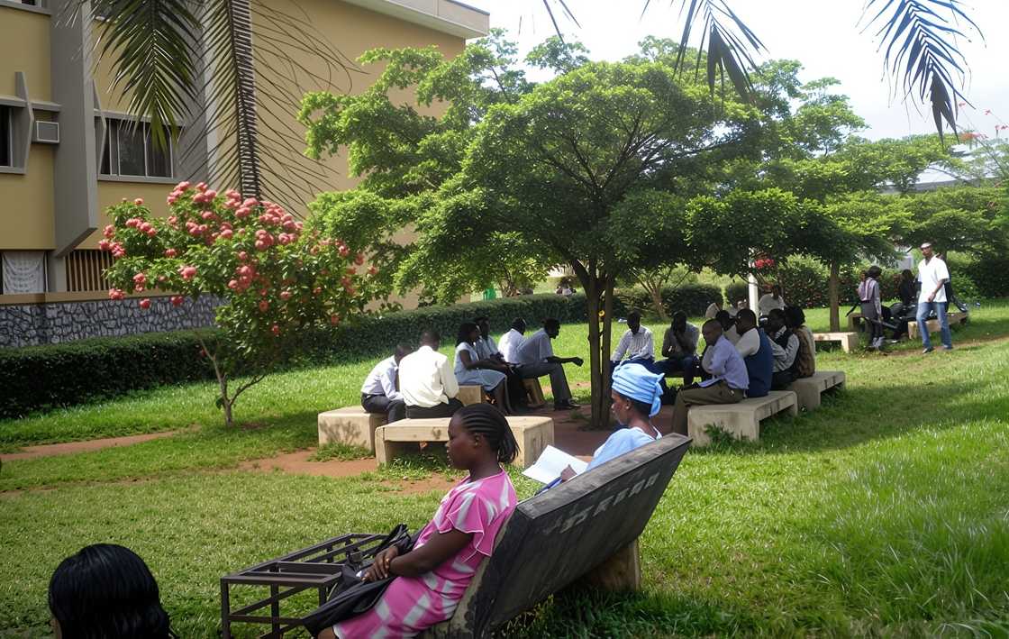 Students sit outside University of Benin's Faculty of Education. Students sit outside University of Benin's Faculty of Education.