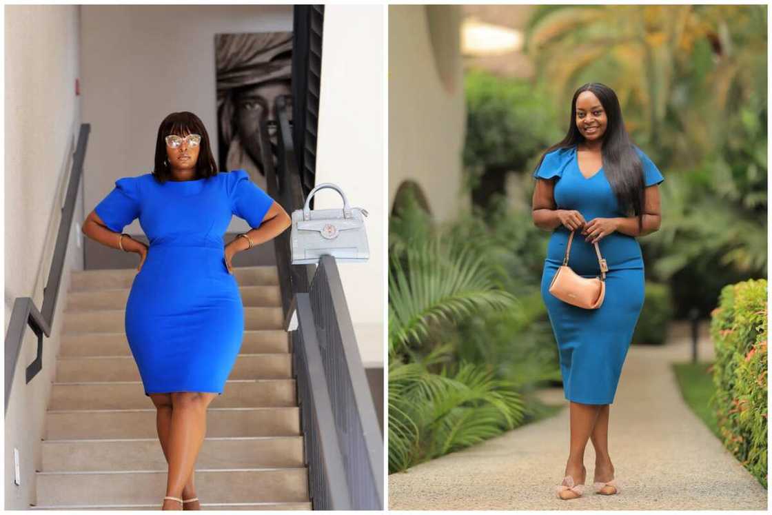 Two ladies displaying blue pencil gown style