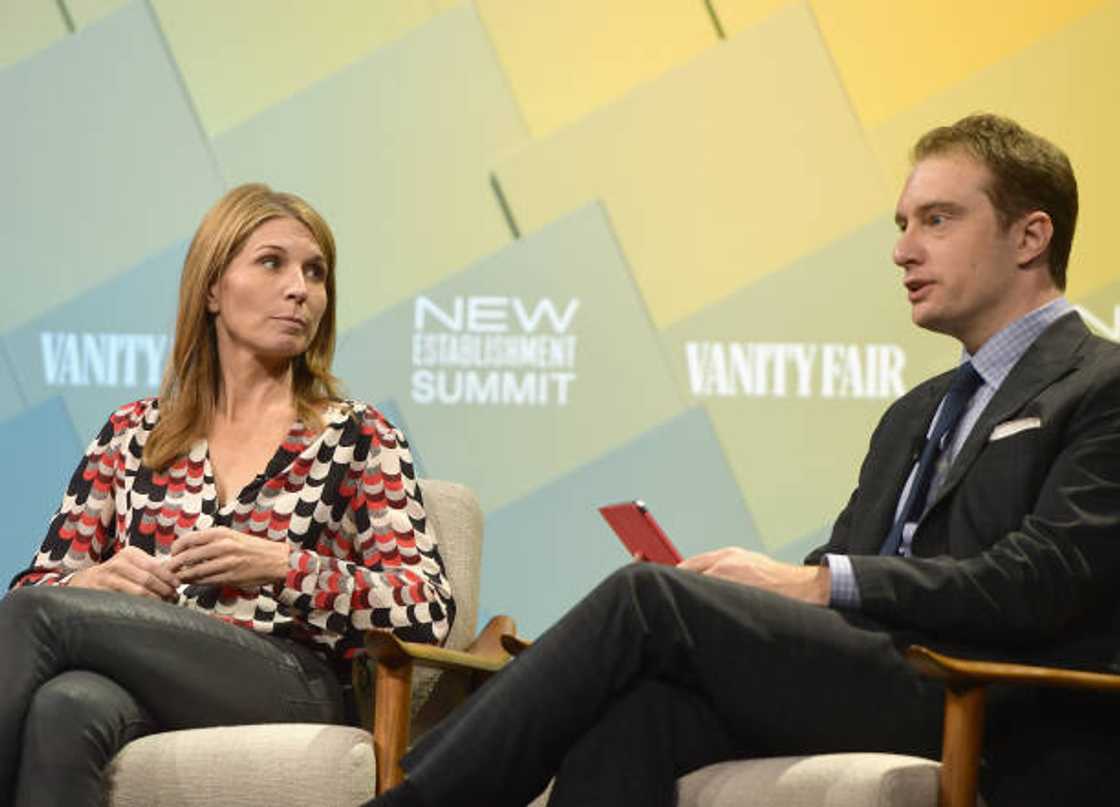 Nicolle Wallace and Gabe Sherman speak onstage at Day 1 of the Vanity Fair New Establishment Summit 2018 at The Wallis Annenberg Center.