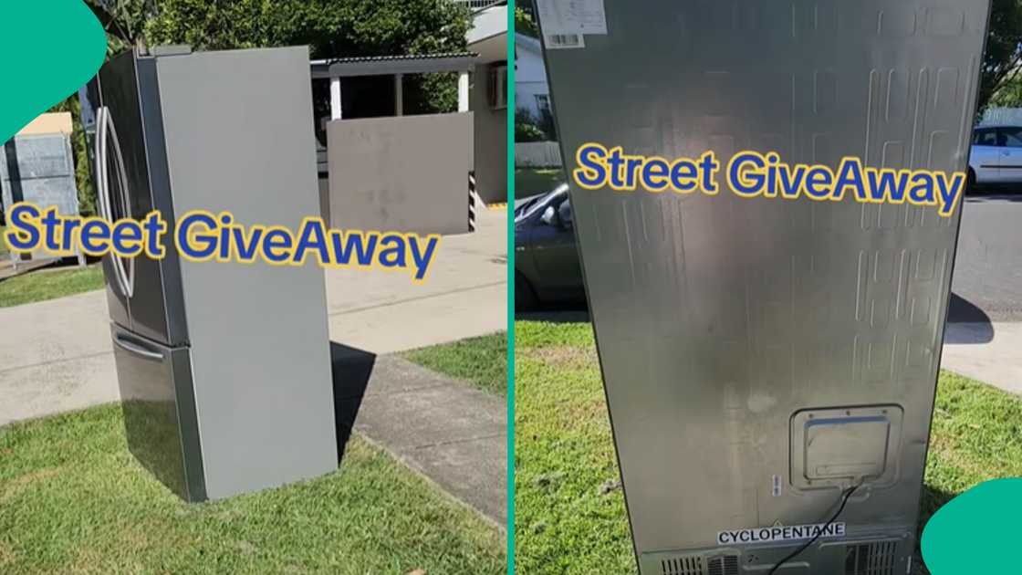 Lady shows fridge that someone what to give out. Lady shows fridge that someone what to give out.