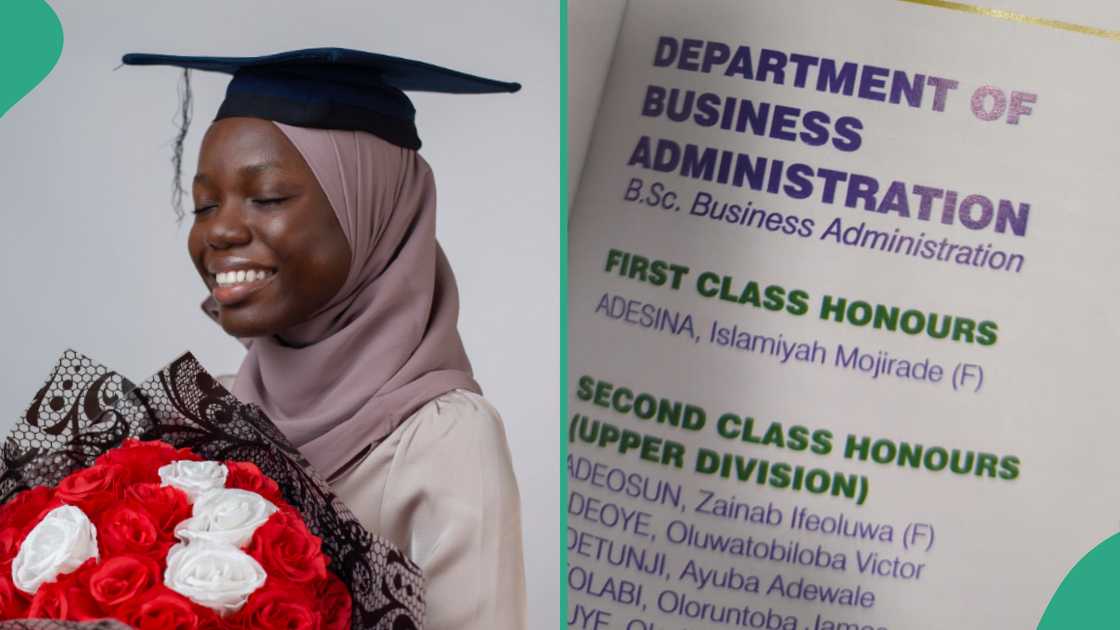 Lady graduates with first class.