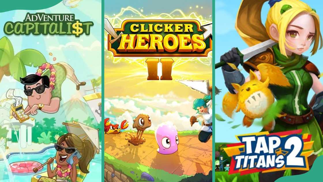 AdVenture Capitalist, Clicker Heroes, and Tap Titans 2 posters