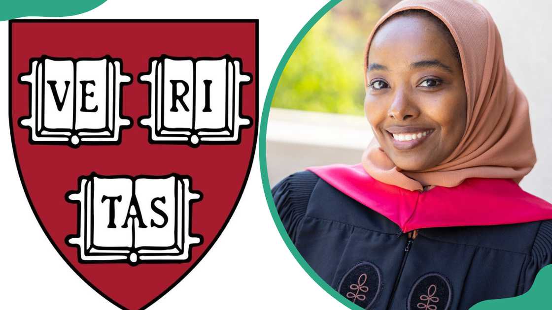 The Harvard University logo. A female Harvard University graduate. The Harvard University logo. A female Harvard University graduate.