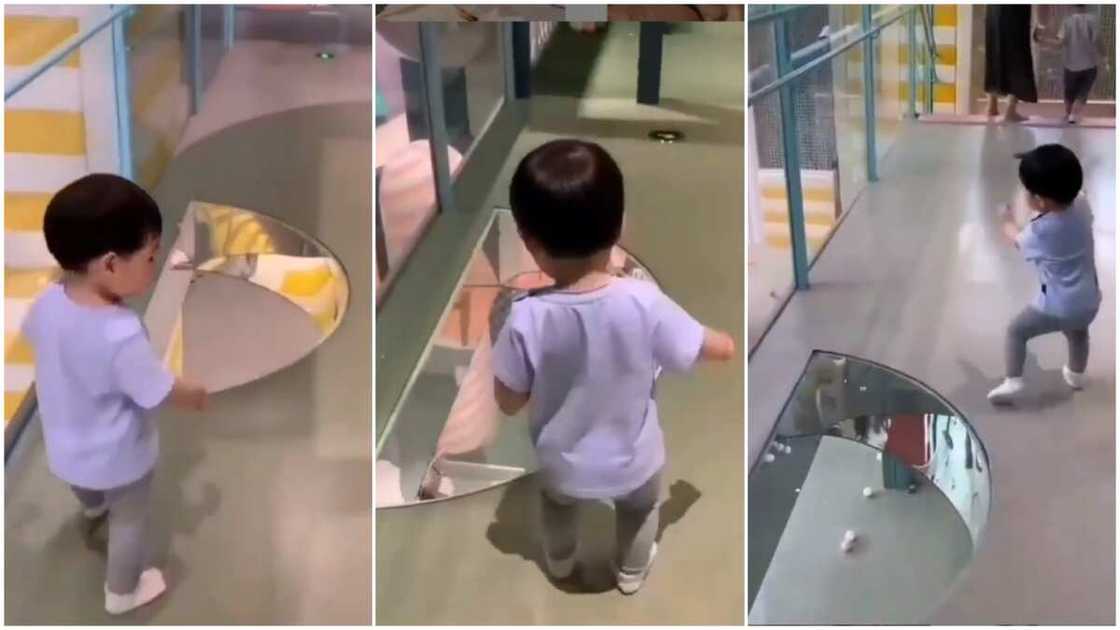 Funny moment baby runs away from trasparent floor design, thinks he's going to fall Funny moment baby runs away from trasparent floor design, thinks he's going to fall