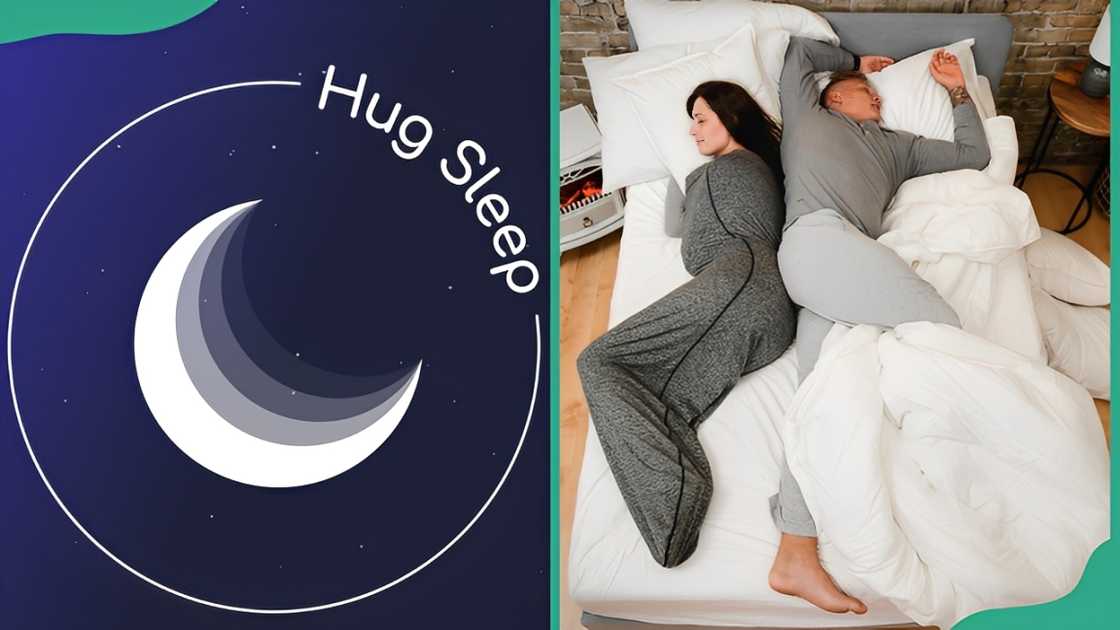 Hug Sleep logo and a lady sleeping in a Sleep Pod next to a man wearing the Hug Sleep loungewear Hug Sleep logo and a lady sleeping in a Sleep Pod next to a man wearing the Hug Sleep loungewear