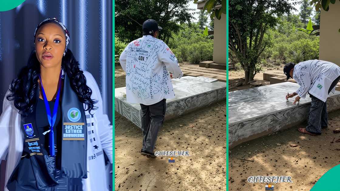 A Nigerian lady goes to her father’s graveside to honour him during her signout day