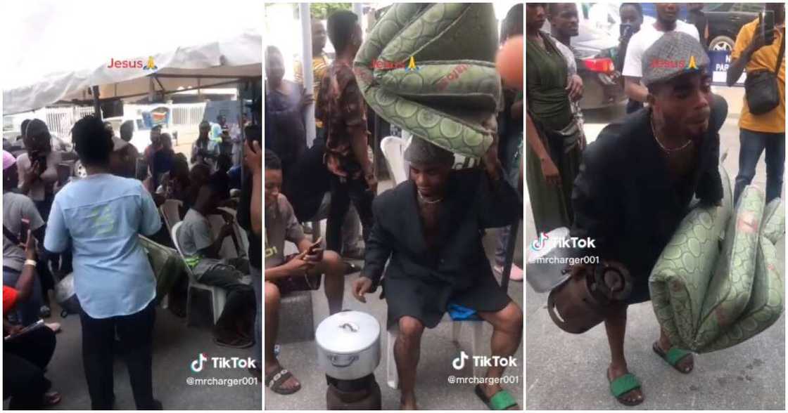 Gas cooker, pot, bed, man at bank Gas cooker, pot, bed, man at bank