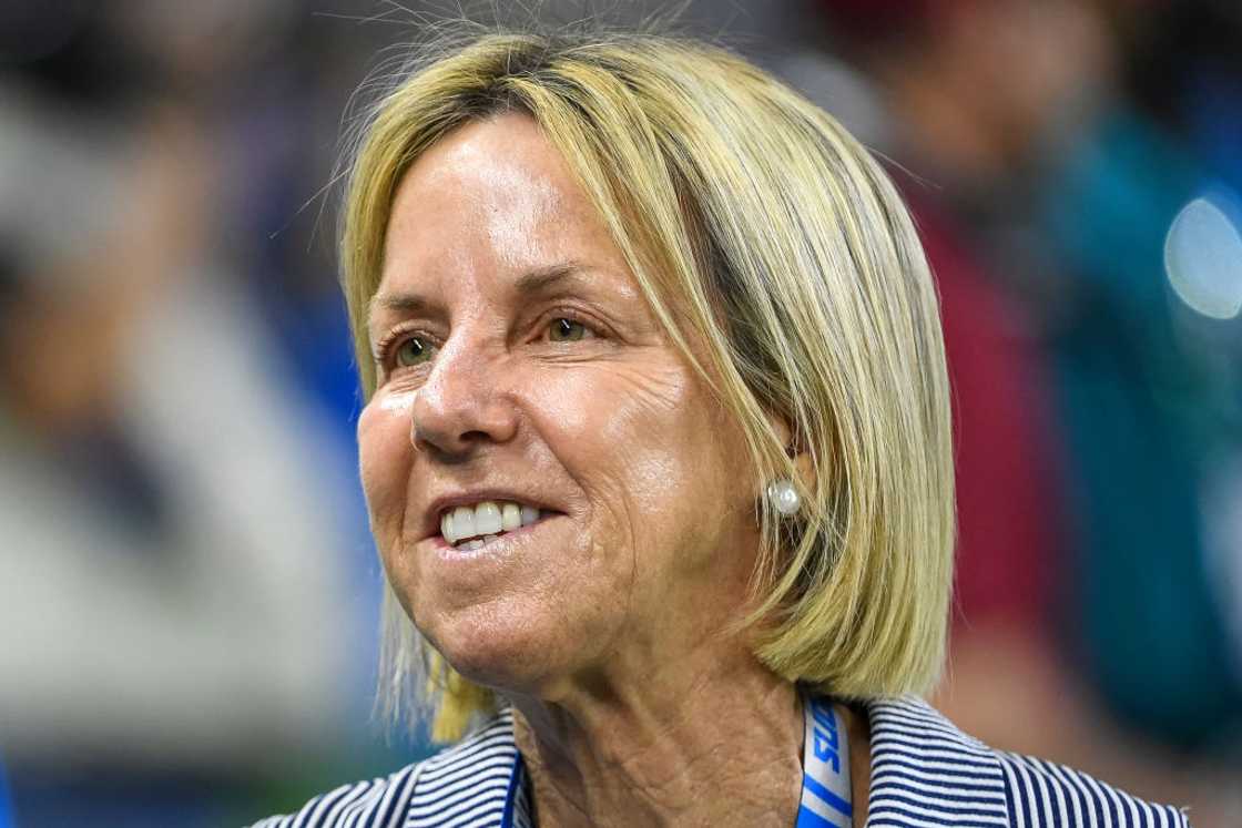 Sheila Ford Hamp smiles before the preseason game at Ford Field in Detroit, Michigan