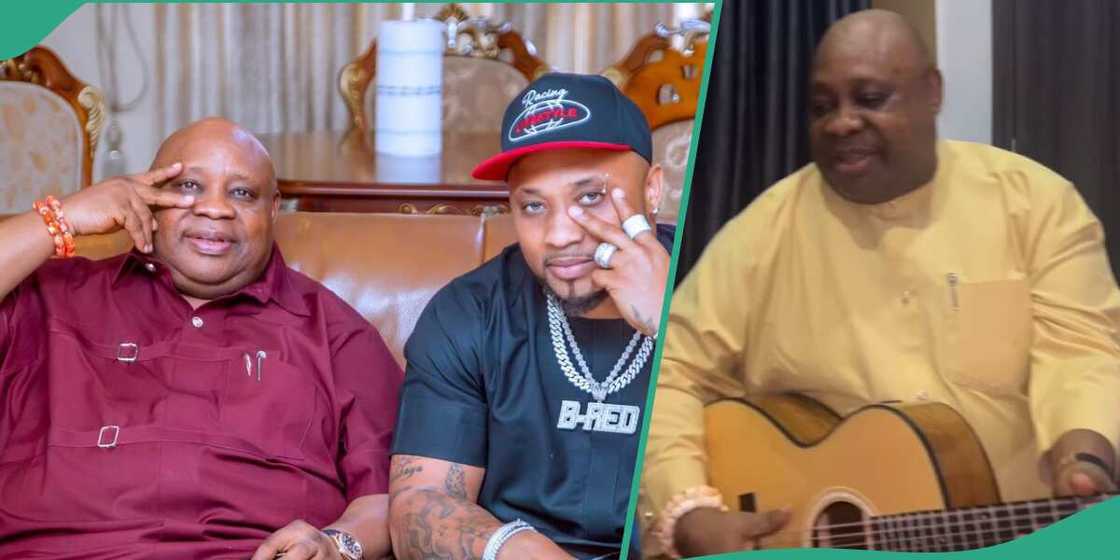 Gov Adeleke and son play music together.