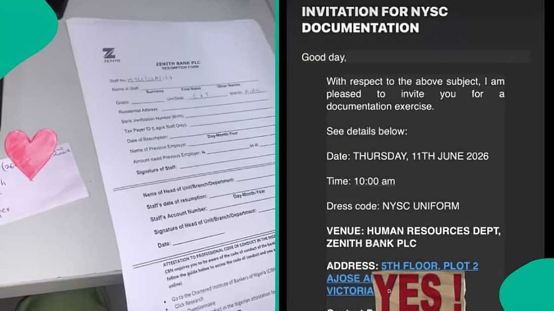 NYSC corps member posted to Zenith Bank shows email from bank