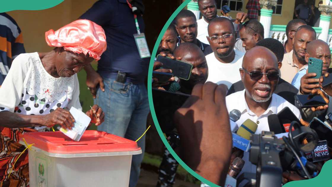 A woman votes during the 2024 Governorship election for Ondo State (L), Lucky Orimisan Aiyedatiwa addresses the press (R)