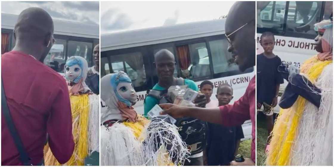 Masquerade Opens Mask After Mr Jollof Gifts Him Cash, Comedian Says: ‘Na Poor Man Dem Dey Flog’ Masquerade Opens Mask After Mr Jollof Gifts Him Cash, Comedian Says: ‘Na Poor Man Dem Dey Flog’