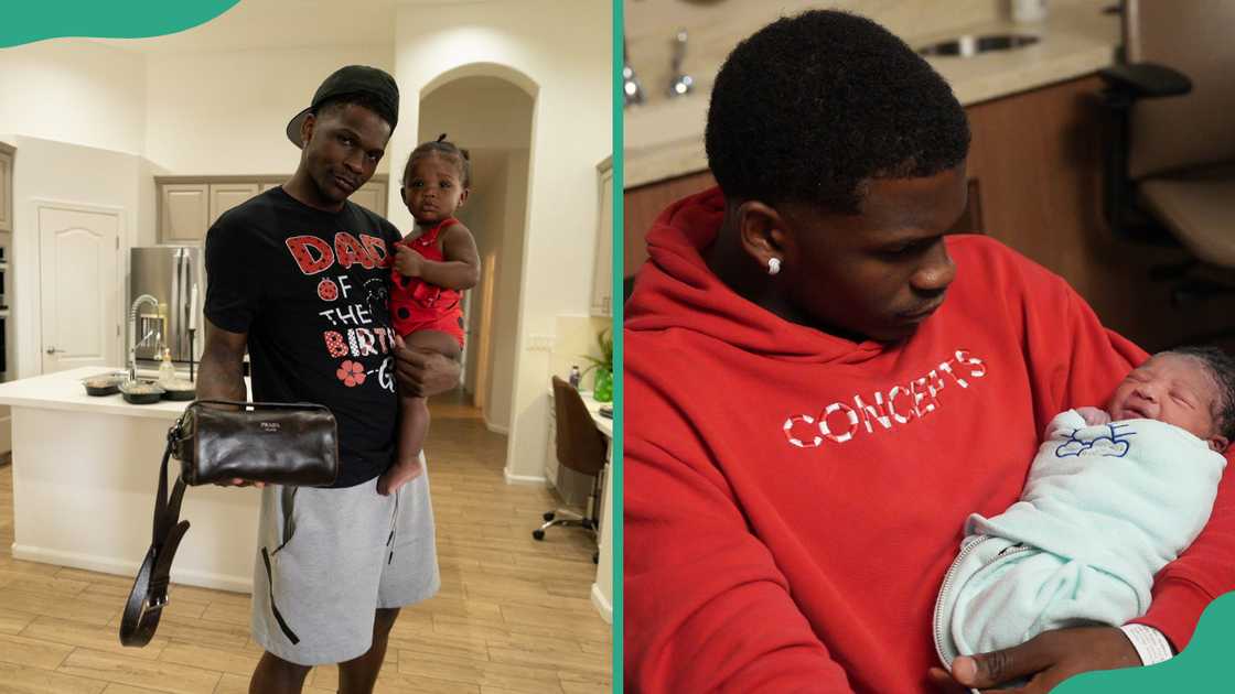 Anthony Edwards and his daughter Aislynn at their home (L). NBA player at the house holding baby Aislynn (R)