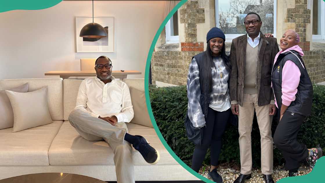 Nigerian businessman Femi Otedola sitting on a white couch (L). Femi Otedola posing with his daughters, Tolani and DJ Cuppy (R).