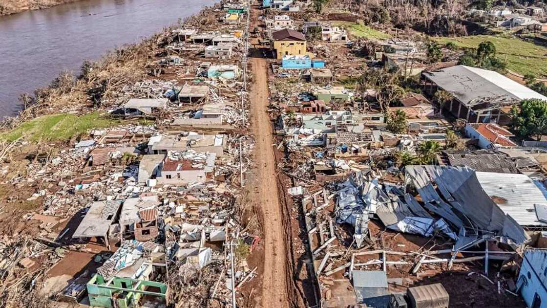 This photo released by the Brazilian Presidency shows destroyed houses in southern Brazil on June 6, 2024. The country has been battered by a series of extreme weather events, most recently once-in-a-century flooding in the state of Rio Grande do Sul that left more than 170 people dead.