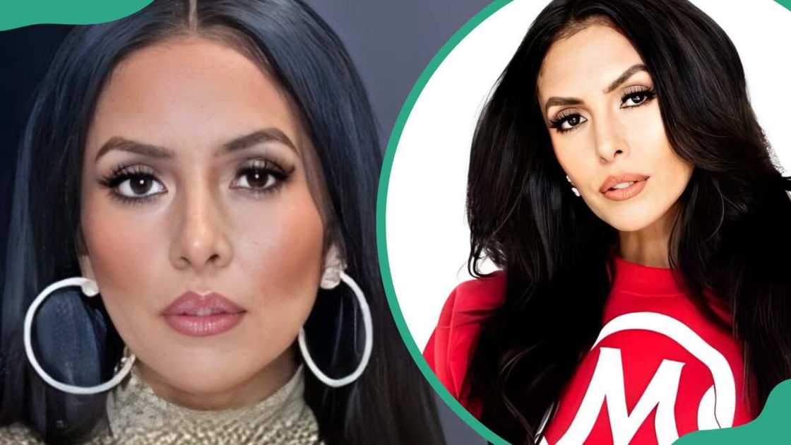 Vanessa Bryant posing for a photo in a gold dress (L). The philanthropist in a red hoodie (R) Vanessa Bryant posing for a photo in a gold dress (L). The philanthropist in a red hoodie (R)