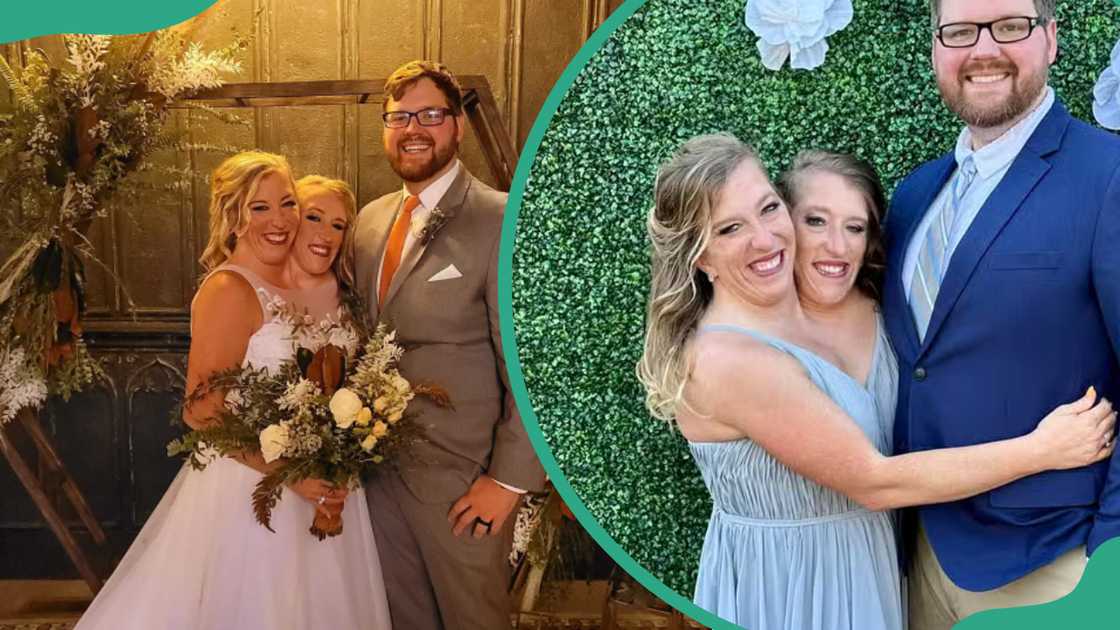 Abby and Brittany Hensel are pictured with Josh Bowling on their wedding day and in blue-themed outfits