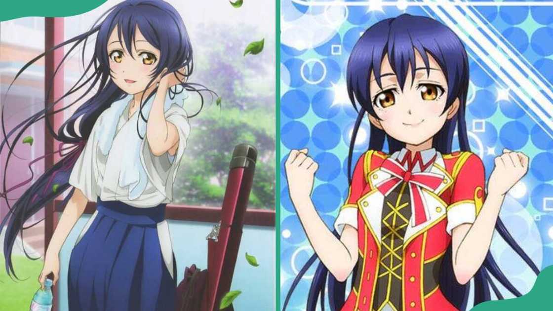 Umio Sonoda standing next to a red post (L). The character but in a red and yellow uniform (R) Umio Sonoda standing next to a red post (L). The character but in a red and yellow uniform (R)