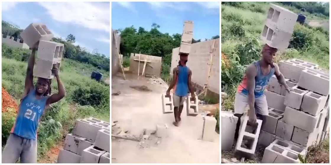 Construction worker carries five bricks at once in viral video, Nigerians react