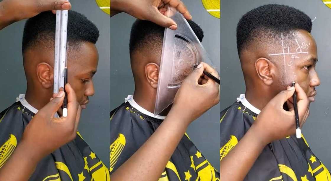Photos of a barber using geometry tools to measure hair. Photos of a barber using geometry tools to measure hair.