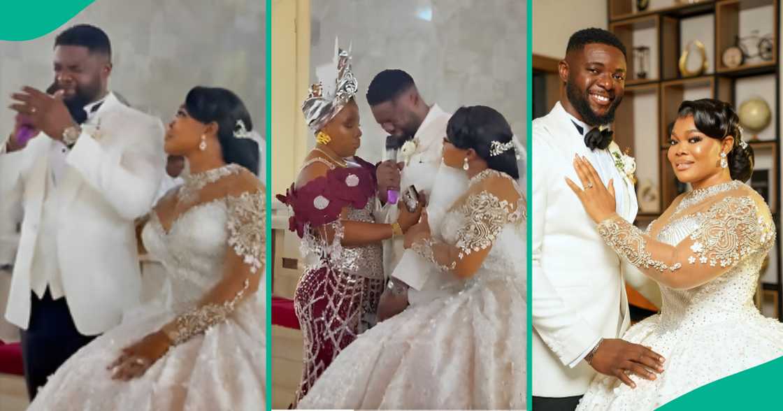 Ruby Ojiakor's husband gets emotional at their white wedding in church. Ruby Ojiakor's husband gets emotional at their white wedding in church.