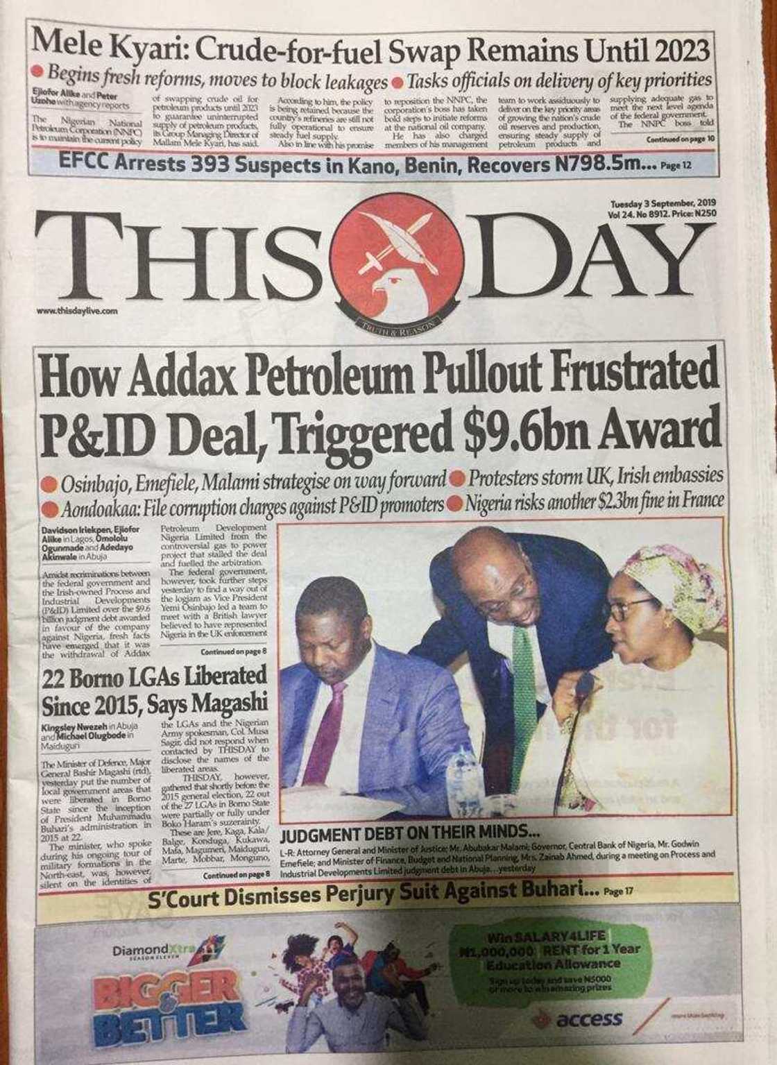 Nigerian newspaper review for Tuesday, September 3: FG weighs options as another $2.3bn fine looms Nigerian newspaper review for Tuesday, September 3: FG weighs options as another $2.3bn fine looms