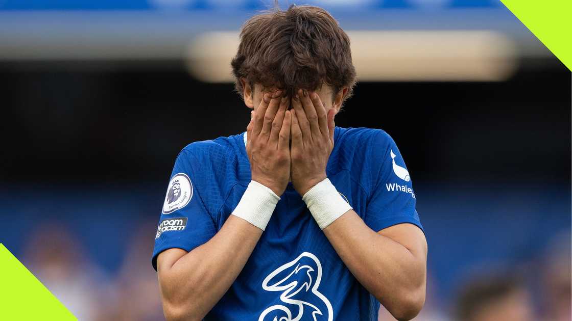 Joao Felix reacts during a Chelsea defeat. Joao Felix reacts during a Chelsea defeat.