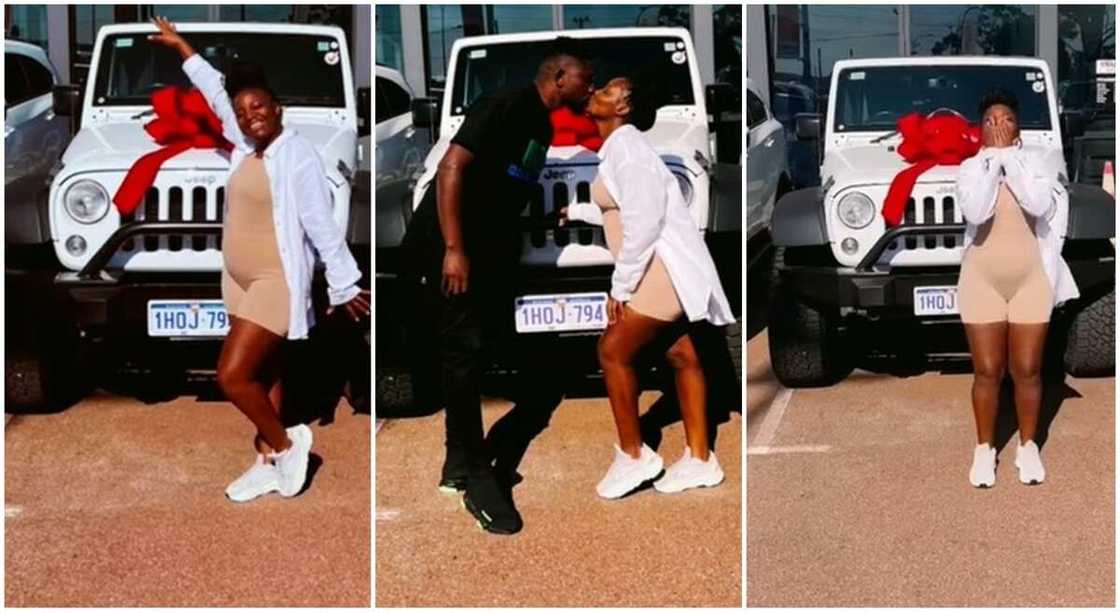 Photos of a lady kissing her man as she gets a car as a push gift. Photos of a lady kissing her man as she gets a car as a push gift.