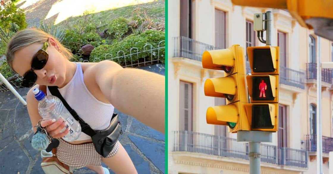 A TikTok video captured a man wearing heels and a dress selling hats at a traffic light. A TikTok video captured a man wearing heels and a dress selling hats at a traffic light.