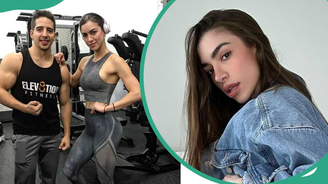 Anllela Sagra and a fitness partner at the gym (L). The fitness influencer poses in a denim jacket (R)