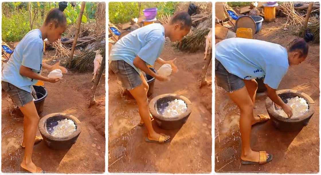 Photos of a lady dancing while moulding akpu.