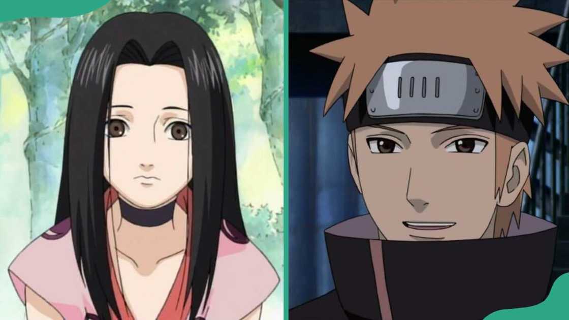 Haku in a pink and white outfit (L). The character in dark clothing (R) Haku in a pink and white outfit (L). The character in dark clothing (R)