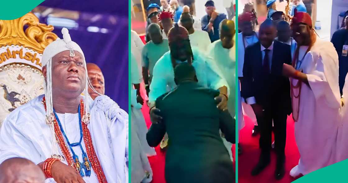 Ooni of Ife’s encounter with an old friend leaves netizens wondering why his aides stopped them from hugging Ooni of Ife’s encounter with an old friend leaves netizens wondering why his aides stopped them from hugging