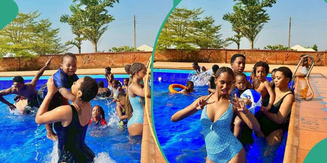 Regina Daniels with her step-children at swimming pool. Regina Daniels with her step-children at swimming pool.