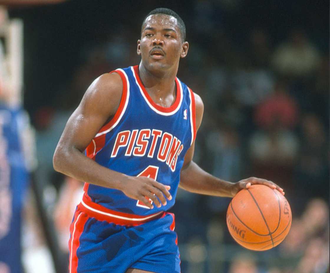 Joe Dumars dribbles the ball upcourt against the Washington Bullets Joe Dumars dribbles the ball upcourt against the Washington Bullets