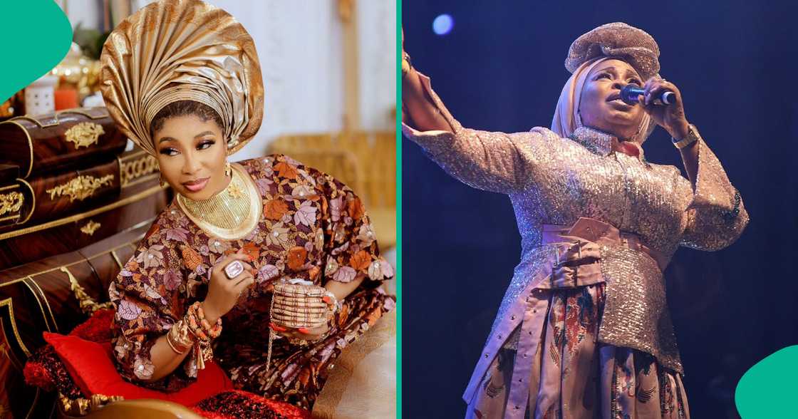 Tope Alabi gets dragged by Lizzy Anjorin. Tope Alabi gets dragged by Lizzy Anjorin.