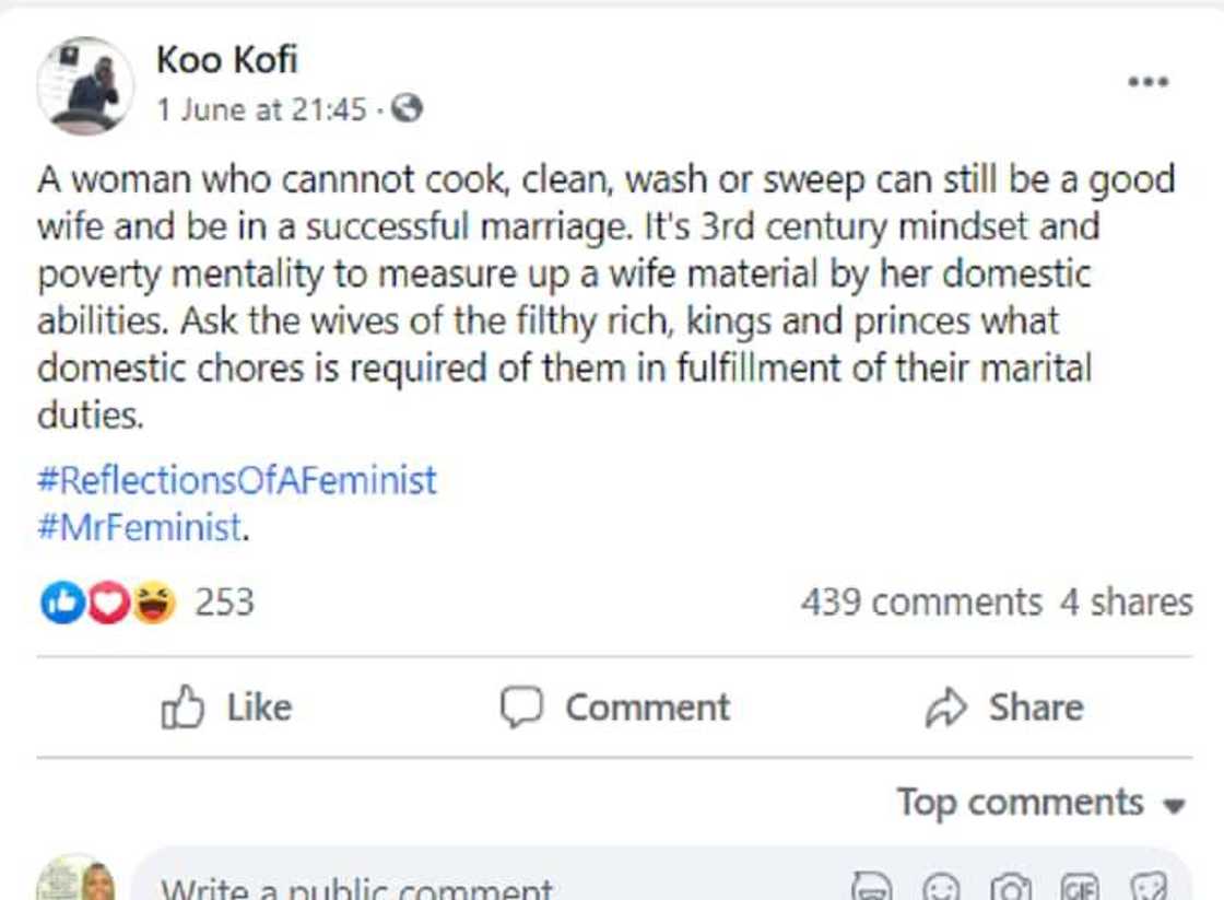A lady who can't cook, clean & wash can still be a good wife -GH man causes stir A lady who can't cook, clean & wash can still be a good wife -GH man causes stir
