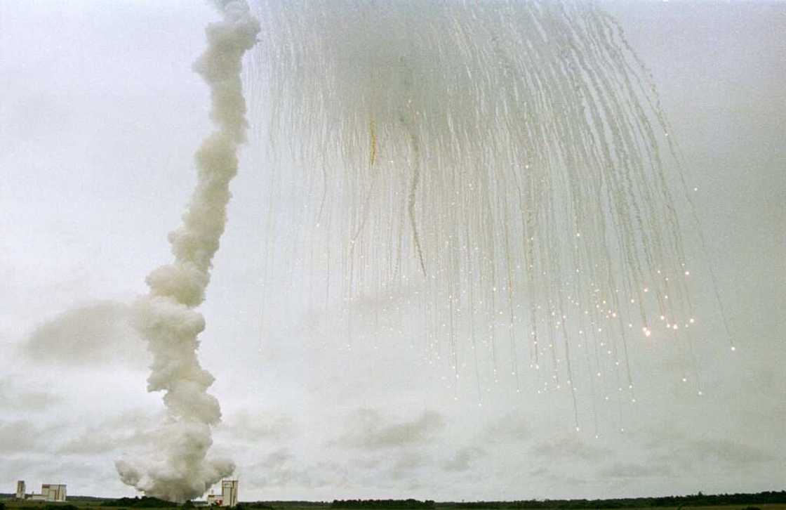 The explosion of the first Ariane 5 launch in 1996