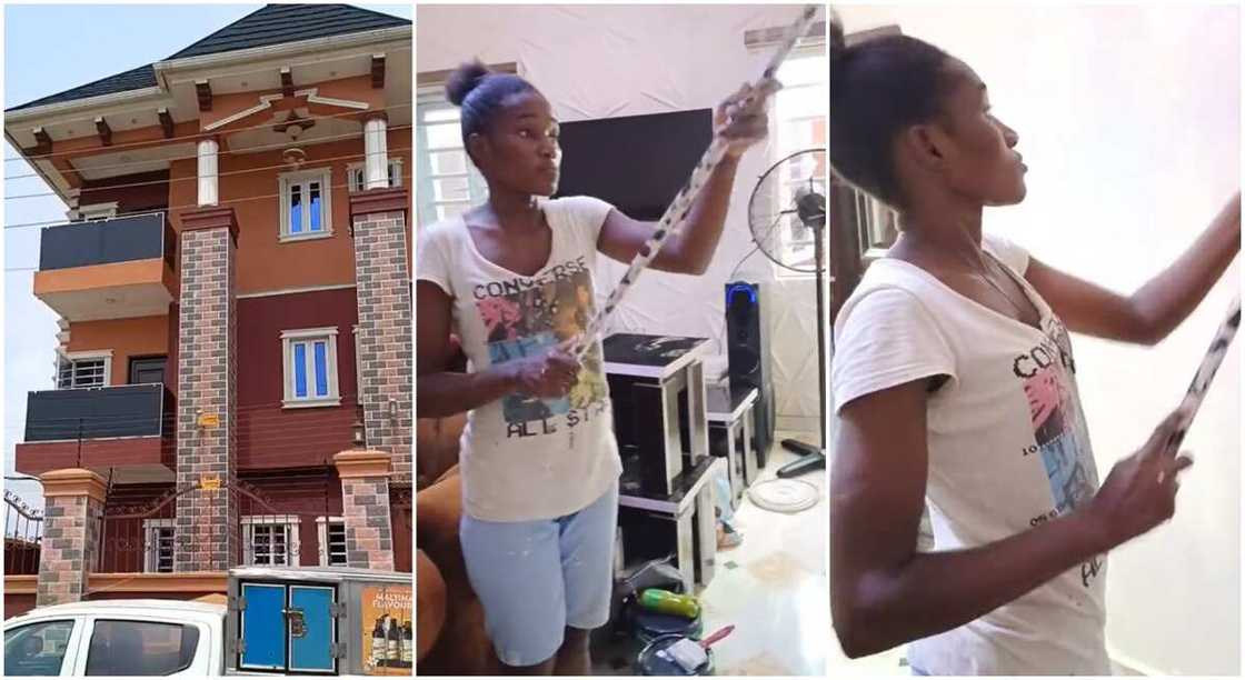 Photos of a female painter and a house she painted. Photos of a female painter and a house she painted.