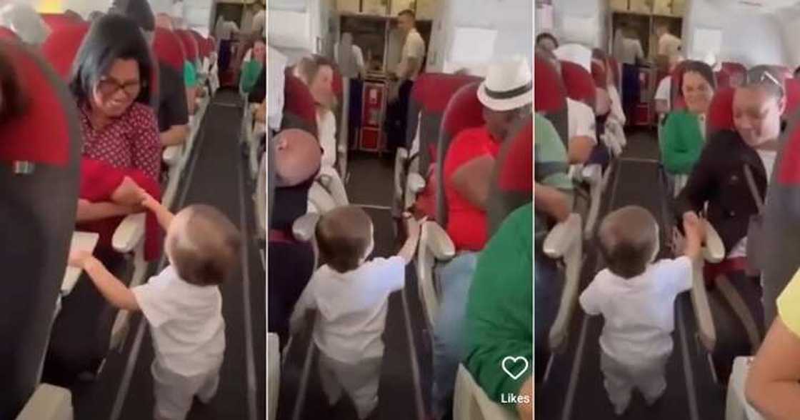 Little boy greets passengers, aeroplane, respectful boy