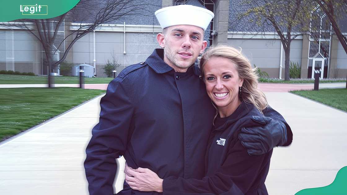 Devin posing with Brittany in a military base