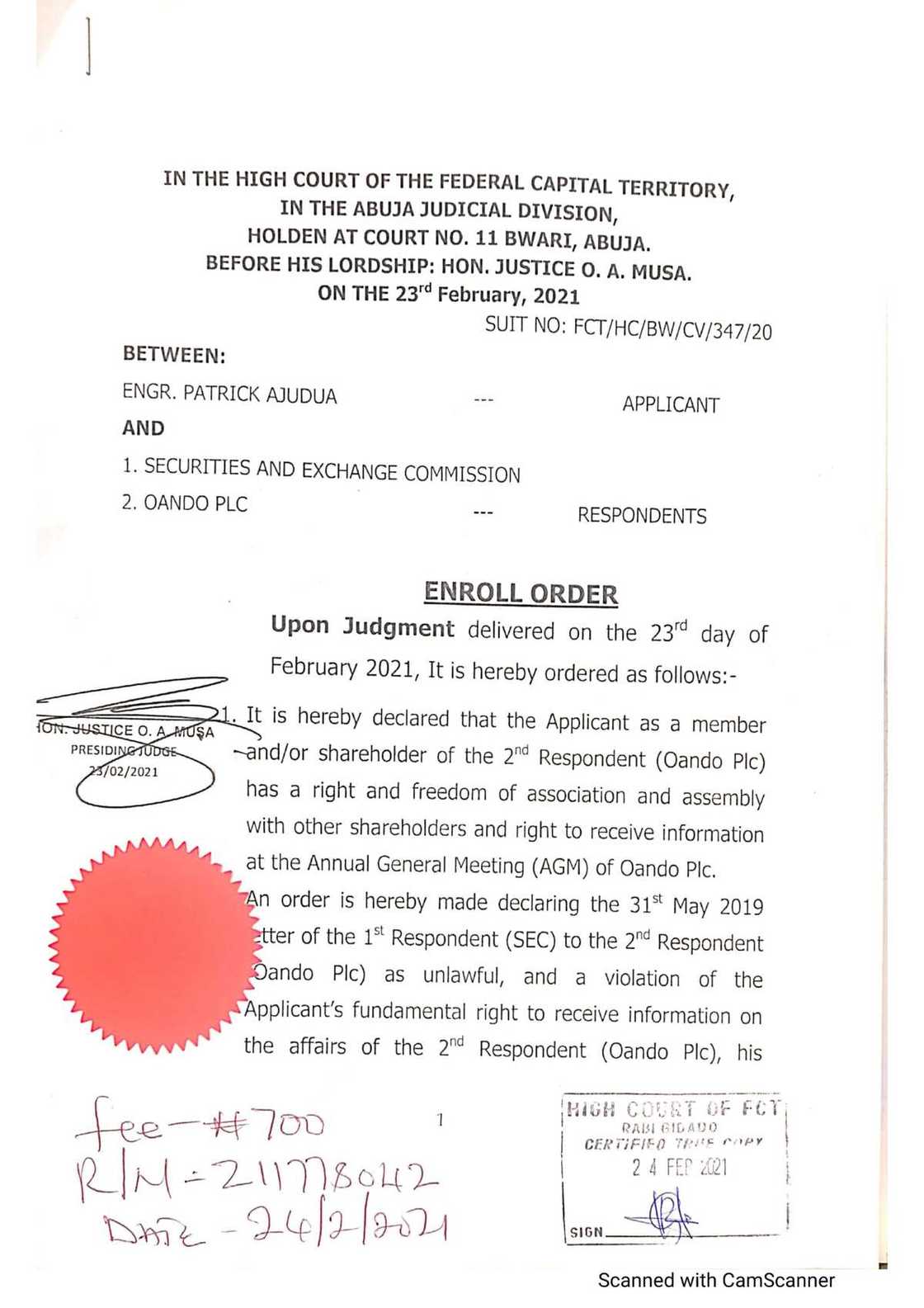 Oando shareholders have taken SEC to court to challenge penalties against Oando in May 31st letter