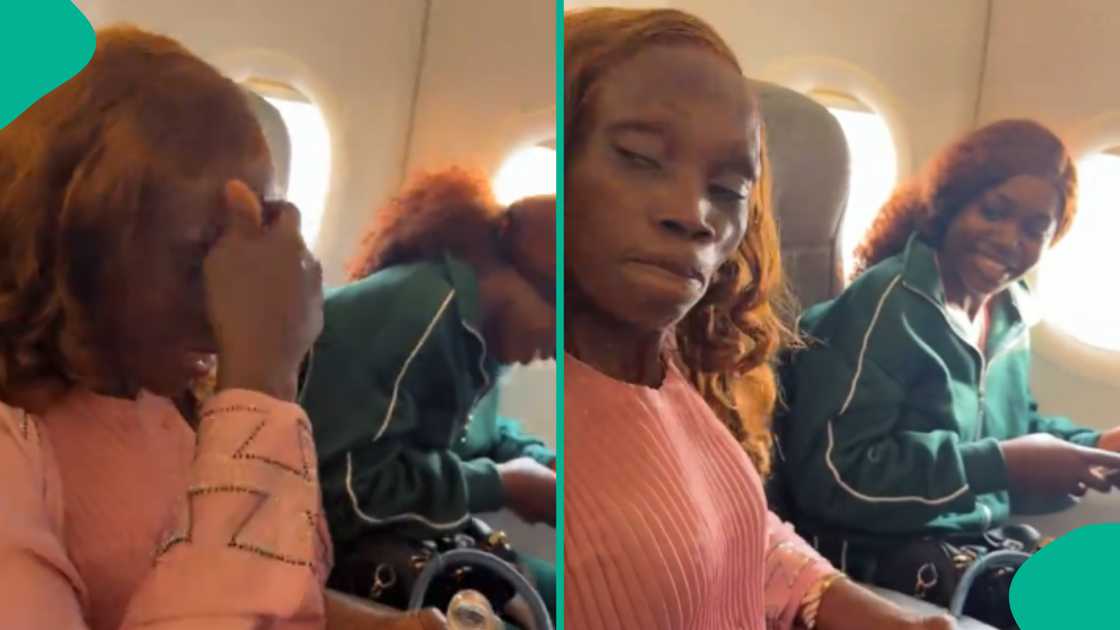 Woman drinks anointing oil and rubs it on her face as she boards aeroplane for first time