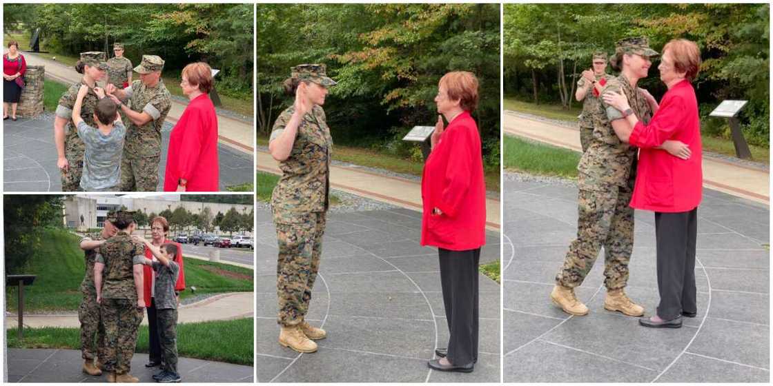 Joy as US marine office gets promoted to new rank by her mum who had served in the force for 22 years Joy as US marine office gets promoted to new rank by her mum who had served in the force for 22 years