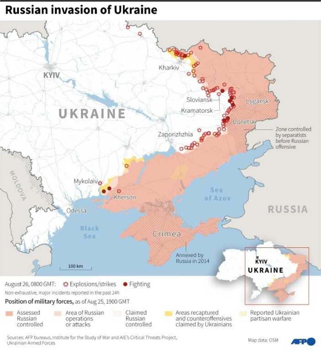 Map showing the situation in Ukraine as of August 26 at 0800 GMT