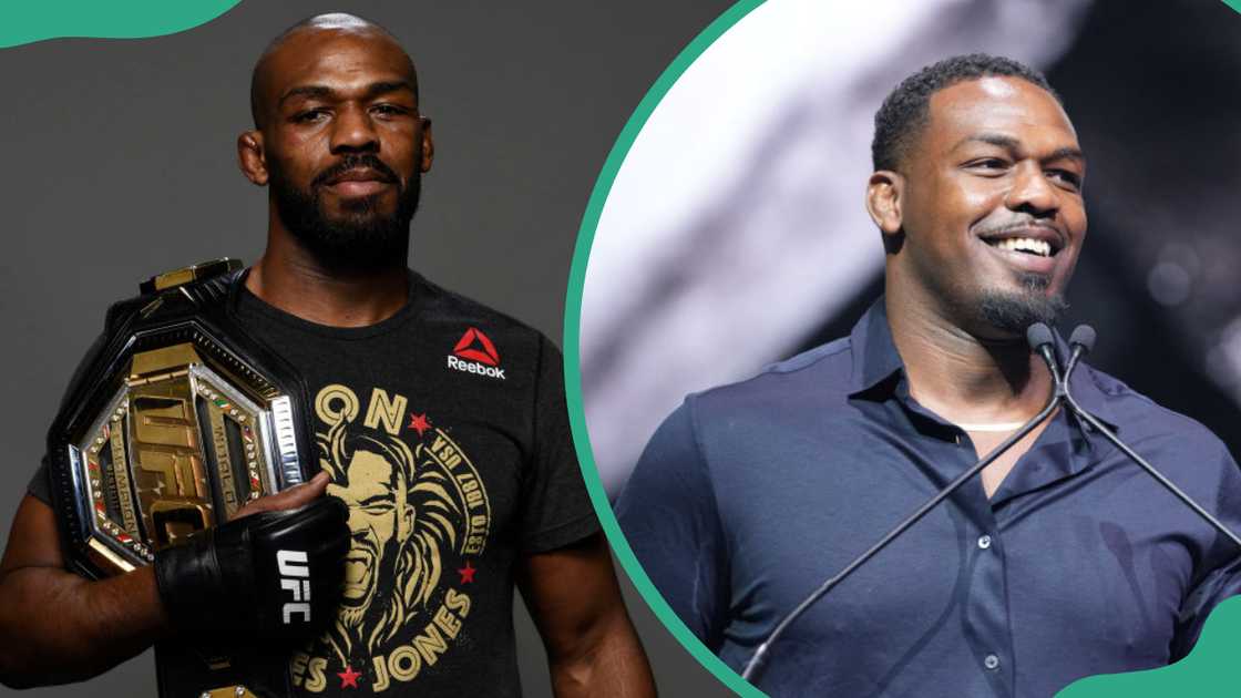 Jon Jones at Toyota Center on 8 February 2020 in Houston, Texas (L). Jon Jones at MGM Park Arena in Las Vegas, NV (R).