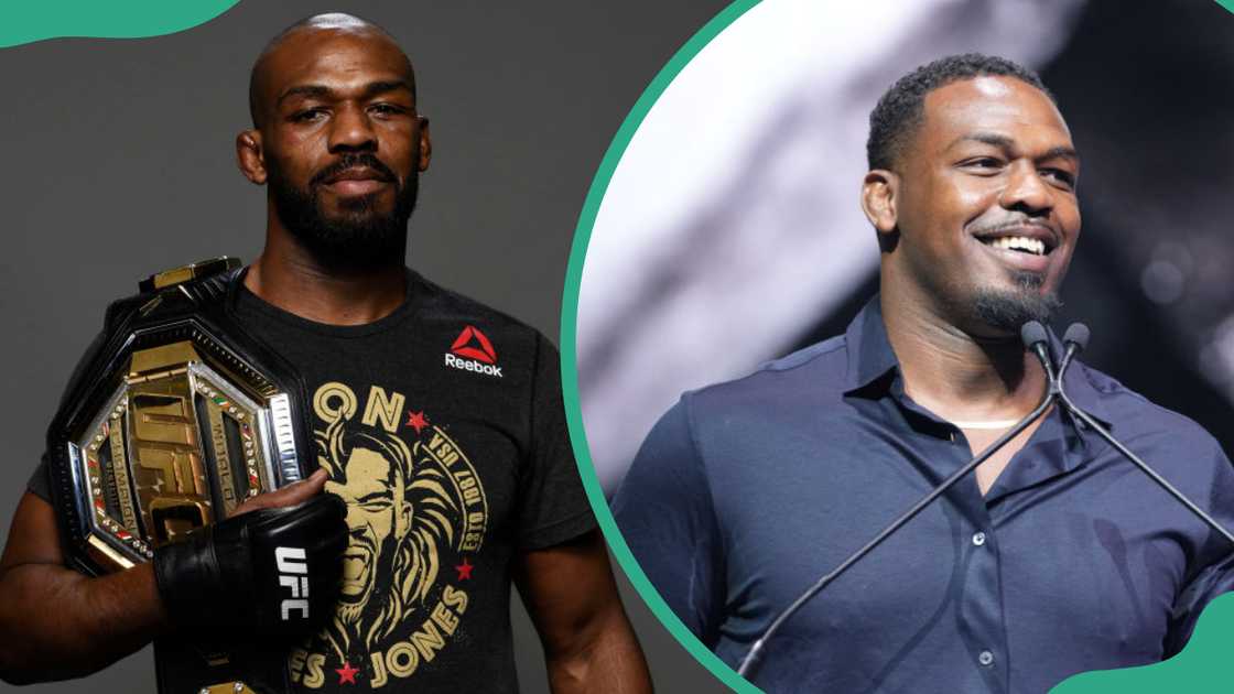 Jon Jones at Toyota Center on 8 February 2020 in Houston, Texas (L). Jon Jones at MGM Park Arena in Las Vegas, NV (R). Jon Jones at Toyota Center on 8 February 2020 in Houston, Texas (L). Jon Jones at MGM Park Arena in Las Vegas, NV (R).