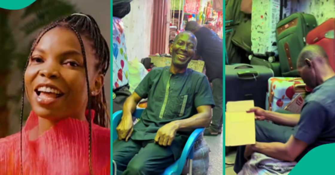 Lady gives a chair to a visually impaired man.