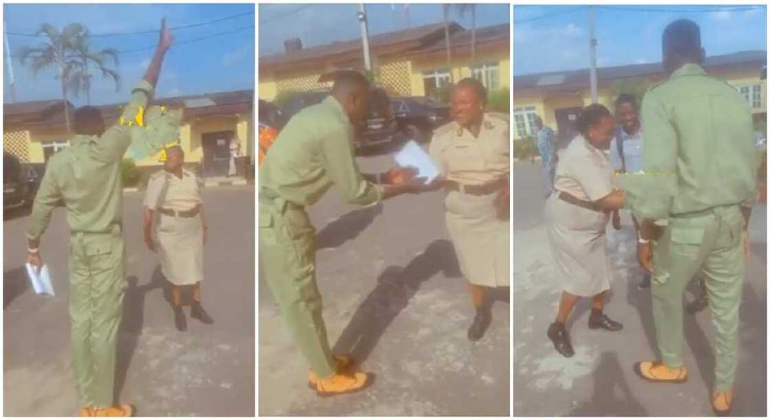 Nigerian youth saluting his mother after passing out of NYSC. Nigerian youth saluting his mother after passing out of NYSC.